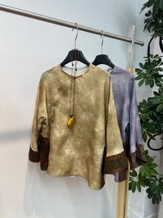 欧货新款 上衣 定制真丝香云纱面料新中式 提花圆领盘扣复古国风衬衫