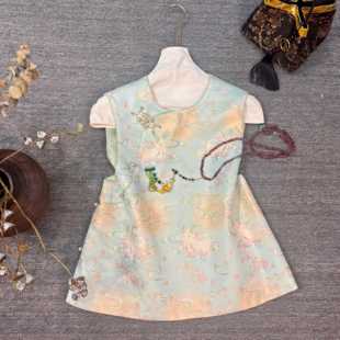 欧货真丝人丝交织宋锦面料新中式提花圆领斜襟盘扣国风马甲