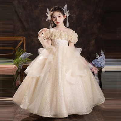 女大童秋冬长袖高端公主裙钢琴主持人模特演出服初中生花童礼服裙