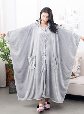 加厚秋冬季披肩毯午睡毯法兰绒空调毯斗篷懒人披风打坐多功能毛毯