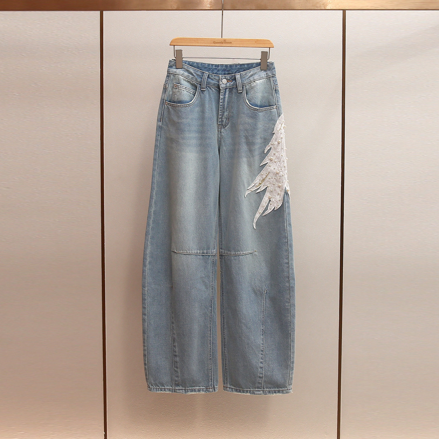 深圳南油高端女装秋冬新款法式钉珠羽毛设计感高腰阔腿弯刀牛仔裤,女装/女士精品,牛仔裤,淘宝优惠券,粉丝福利购,淘宝优惠卷