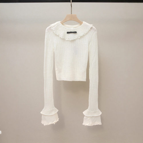 衣莉卓雅秋季新款法式甜美娃娃领蝴蝶结喇叭袖修身显瘦内搭针织衫