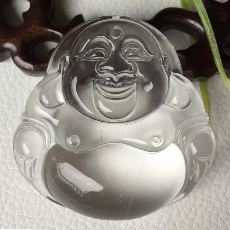 缅甸天然A货水沫玉中号佛公玻璃种荧光玉坠石英玉弥勒佛 吊坠挂件
