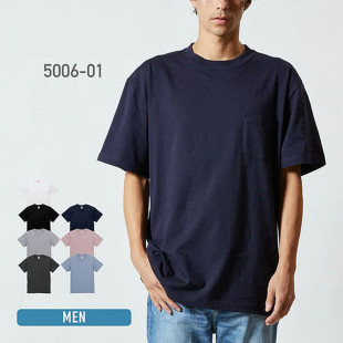 UA+5.6盎司5006圆筒无缝夏季纯棉短袖T恤男女休闲宽松口袋落肩袖