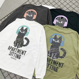 小武出品日系猫刺绣印花春秋季圆领长袖t恤男女休闲宽松落肩袖潮