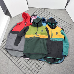 小武出品英伦高街风秋冬季连帽半拉链加绒卫衣男麦穗印花拼接拼色