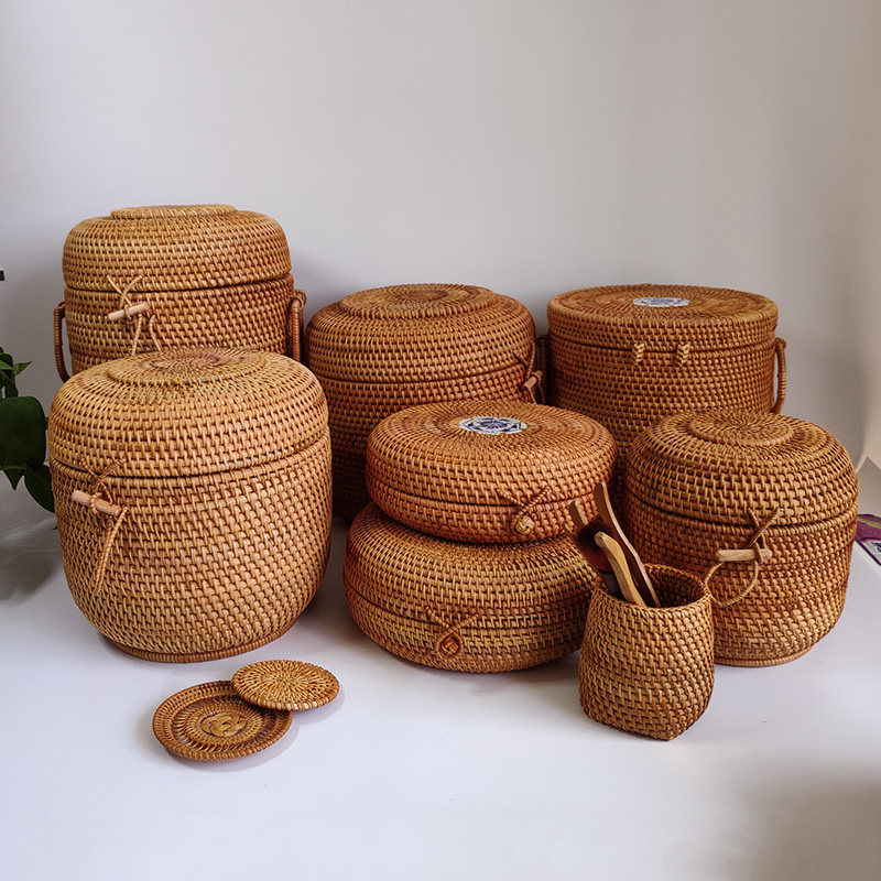 越南藤编茶叶罐七子饼收纳罐普洱茶月饼高档包装盒茶叶散茶收纳桶