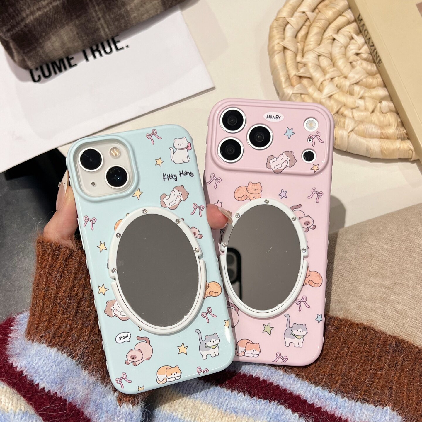 侧边爱心硅胶套猫咪适用iphone17promax镜子手机壳13/14苹果15/16promax蝴蝶结保护壳软卡通新款粉色可爱女蓝