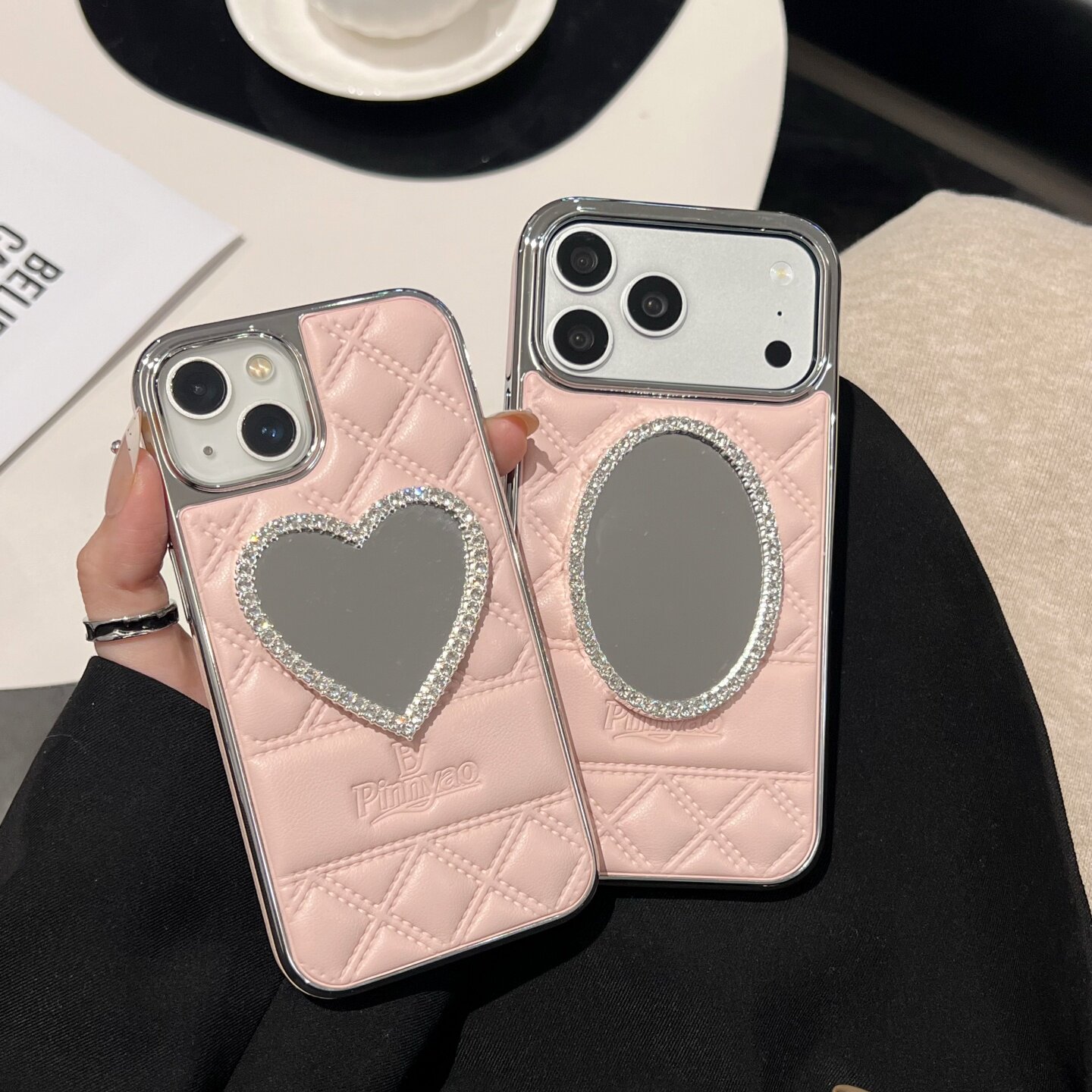 小羊皮电镀小香风粉色适用iphone17/16promax镜子手机壳菱格纹高级感皮质13/14苹果15/17promax银边软壳新款