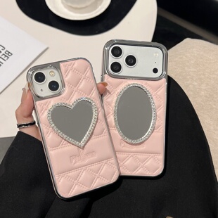 小羊皮电镀小香风粉色适用iphone17/16promax镜子手机壳菱格纹高级感皮质13/14苹果15/17promax银边软壳新款