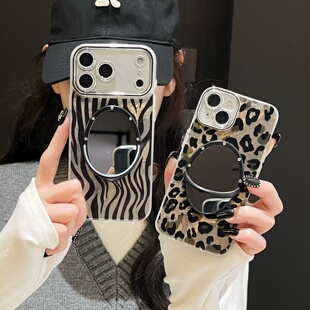 复古绿色豹纹锡纸纹适用iphone16/17promax镜子手机壳墨绿斑马纹13/14苹果15/16pro全包镜头膜保护壳冰川纹软