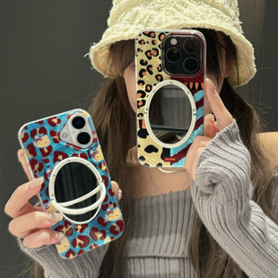 美式豹纹拼接彩色iphone16/17promax镜子手机壳复古苹果13/14蓝色kt猫可爱保护套羽纱适用15pro蝴蝶结凯蒂猫