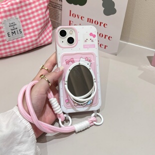 插卡包带挂绳小熊iphone16/17promax镜子手机壳手拎蝴蝶结kt猫苹果13/14手提卡套软保护壳15pro卡通波点适用