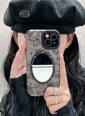 磨砂小羊皮适用iphone17/16promax镜子手机壳皮质KT猫13苹果14/15promax卡通猫咪保护壳灰色翻毛皮纹软壳全包
