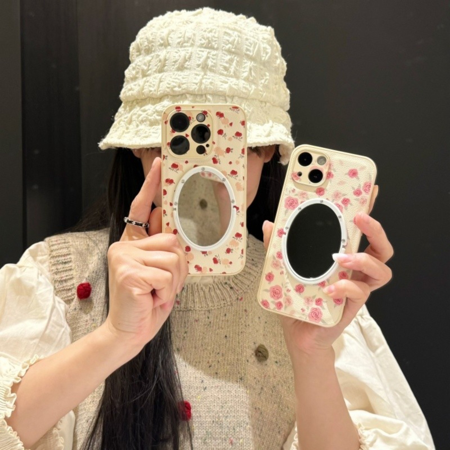 皮纹白底满屏红花补妆镜子手机壳