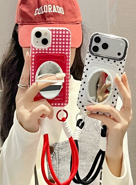 挂绳卡包红色格子适用iphone17/16promax镜子手机壳手提绳黑波点13/14苹果15/17pro手拎卡套保护壳软女零钱包