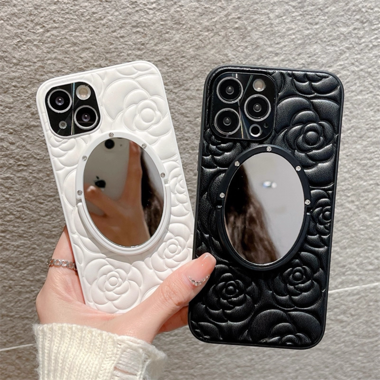 皮纹立体山茶花iphone17pro/15promax镜子手机壳皮质苹果14/13保护壳新款高级感全包防摔适用16pro花朵女款软