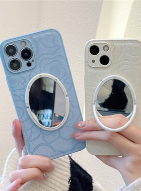小羊皮山茶花朵iphone17/16promax镜子手机壳15promax蓝色苹果13/14白色保护套皮质全包摄像头适用17air皮纹
