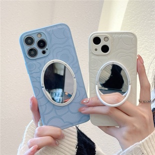 小羊皮山茶花朵iphone17/16promax镜子手机壳15promax蓝色苹果13/14白色保护套皮质全包摄像头适用17air皮纹