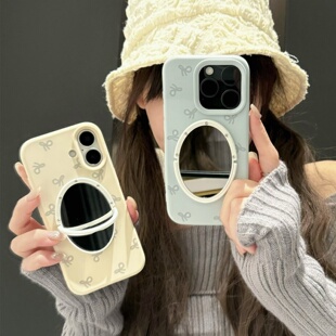 蝴蝶结卡通日韩iphone17pro/15promax镜子手机壳米白色13苹果14磨砂保护套可爱纯色个性16pro外壳新款蓝色女