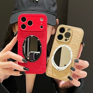 小羊皮红色山茶花适用iphone17/16promax镜子手机壳13/14苹果15棕色荔枝纹保护壳贴皮全包皮纹17pro新年款女