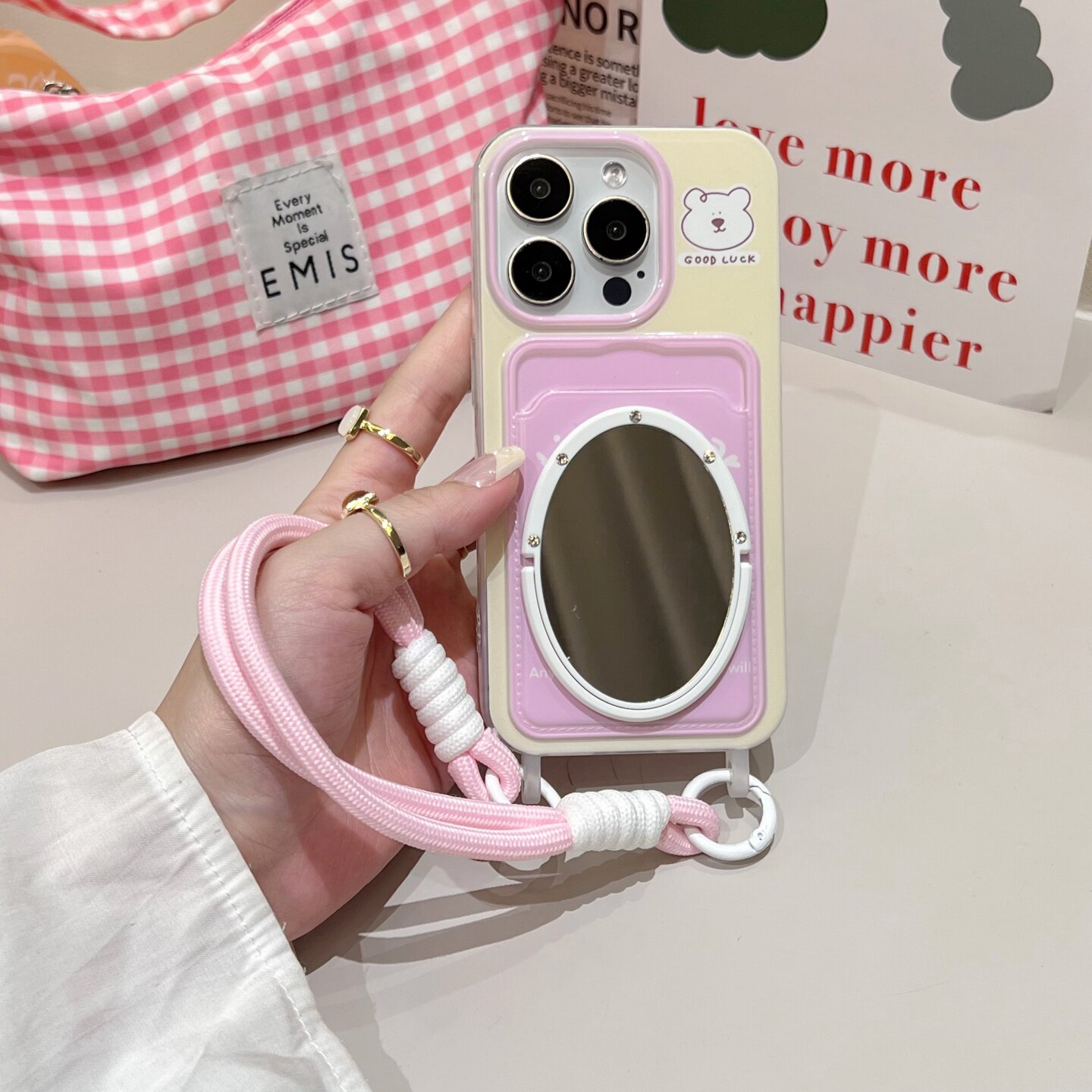 插卡包带挂绳小熊适用iphone16/17promax镜子手机壳手拎呆萌小熊苹果13/14手提绳卡套软保护壳15pro卡通波点