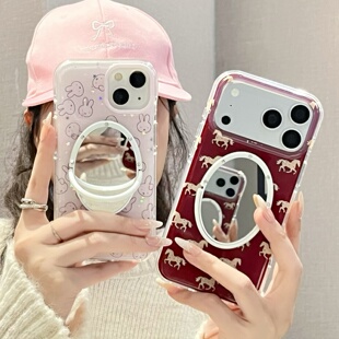 马年红色新年款适用苹果16/17promax镜子手机壳14粉色兔子iphone15promax保护壳可爱小马软壳新款卡通星星女