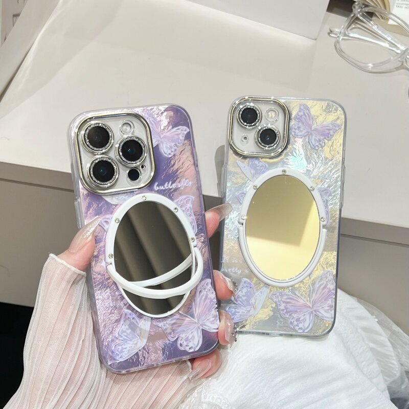 蝴蝶粉色冰川纹iphone17/16promax镜子手机壳渐变晕染苹果14/13蓝蝴蝶保护壳全包镜头防摔适用15锡纸纹春夏季