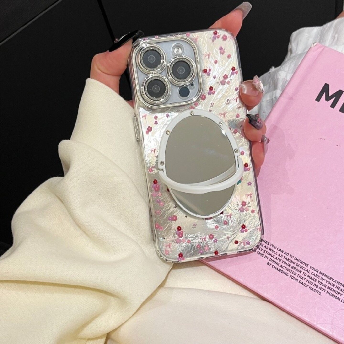 千金感蝴蝶花圈iphone17/15promax镜子手机壳小清新碎花适用13/14苹果16pro冰川纹锡纸全包镜头圈闪粉保护壳