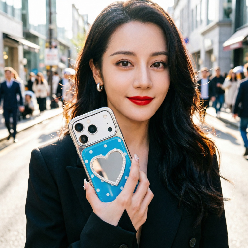 迪丽热巴蓝色波点滴胶硬壳适用iPhone16/17promax爱心镜子手机壳小清新14苹果15/16promax圆点粉色保护壳13女