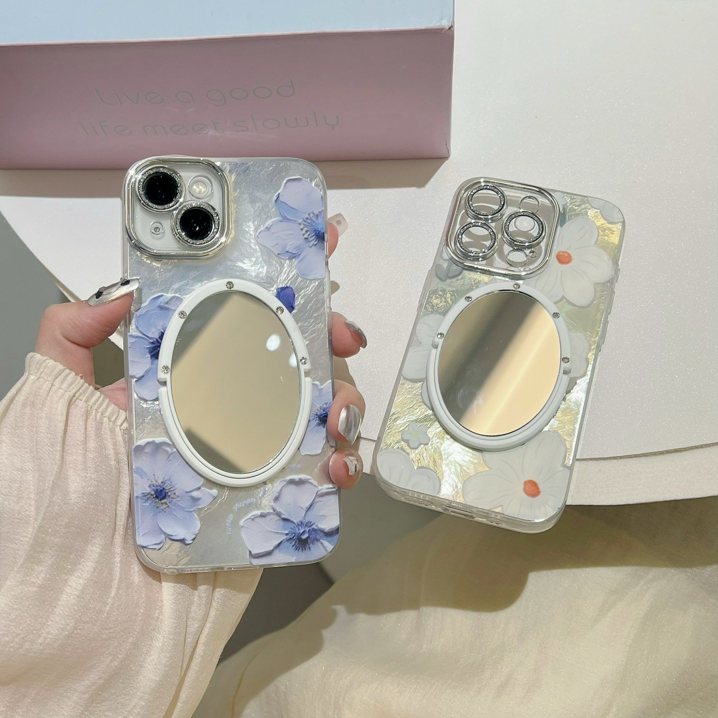 华为p60/mate70pro花瓣油画蓝色冰川纹pura70镜子手机壳nova13/mate60pro绿花朵保护壳全包适用荣耀90小清新