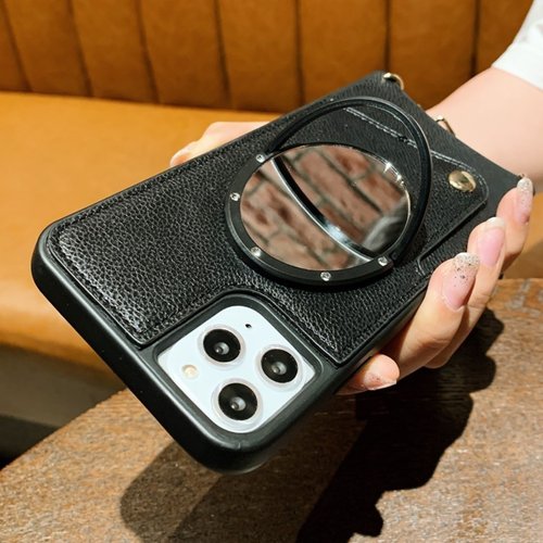 苹果皮质镜子手机壳斜挎背带16