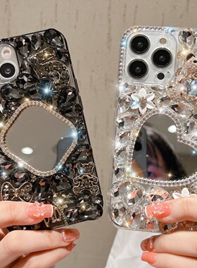 iphone16/17promax小熊水钻手机壳苹果15/14pro爱心镜子保护壳镶钻适用13高级感防摔硅胶套软壳创意女17air心
