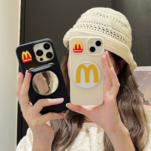翻盖镜子iphone15 14折叠镜保护壳荔枝纹磨砂软壳硅胶套可爱卡通麦当劳女 17promax手机壳立体M记16pro苹果13
