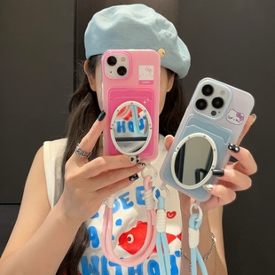粉色凯蒂猫插卡套iphone16 12蓝色kt猫软壳手拎女 15promax镜子手机壳挂绳卡包苹果13 14零钱包保护壳适用11