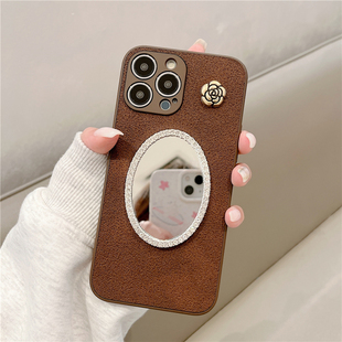 Pura70pro月坑纹皮质复古华为mate80/p60/pura80镜子手机壳mate70pro山茶花朵立体mate60pro皮纹保护壳软磨砂