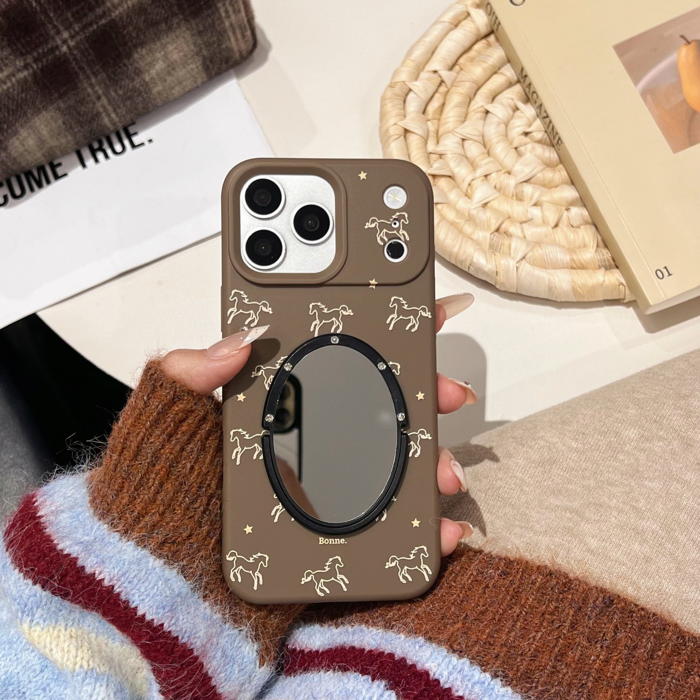 新年款马年磨砂软壳适用iphone16/17promax镜子手机壳棕色13/14苹果15/16pro线条星星保护壳蓝色防摔咖色简约