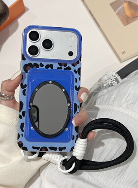 挂绳卡包蓝色豹纹适用iphone16/17promax镜子手机壳卡套13/14苹果15/16promax腊肠狗蓝豹纹保护壳手提手拎绳