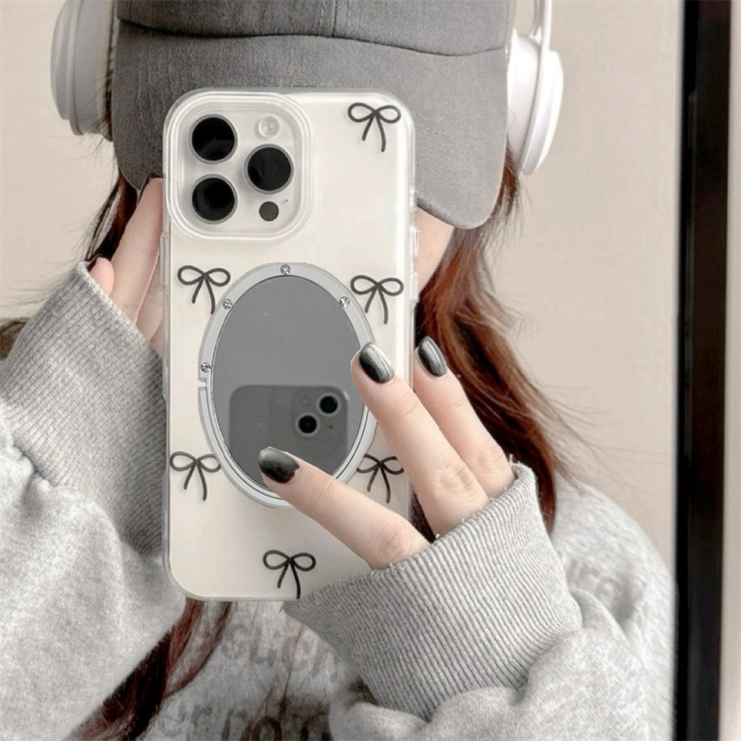 线条蝴蝶结苹果16镜子手机壳少女