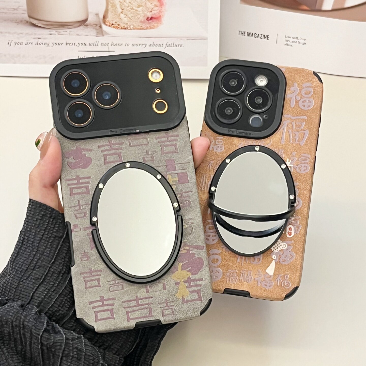 翻毛皮灰色吉文字适用iphone16/17promax镜子手机壳棕色福苹果15pro磨砂皮质保护壳软13/14全包小羊皮中国风