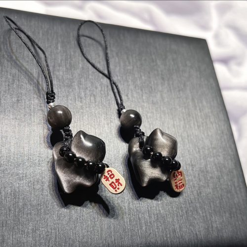天然银曜石招财猫咪手机挂件DIY配件个性创意包包挂件钥匙扣饰品