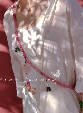 网红款小众原创设计时尚百搭波斯玉10mm粉色牡丹斜挎链背链项链