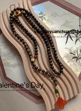 秋冬复古国风贵宝檀香木珠项链红翡Y字链流苏气质百搭毛衣链
