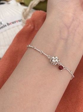 维银s925银花球红玛瑙手链设计感麻花链轻奢ins高级感女精致手饰