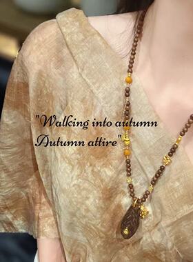 达拉干沉香随形木珠焦糖串珠项链复古时尚百搭国风藏式毛衣链女
