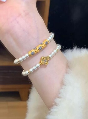 平安吉物925纯银手链新中式叠带珐琅彩花朵弯管古法圆珠手串手饰