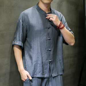 2025春季新款男风棉麻盘扣冰丝唐装衬衣绣花短袖浅灰C15-P55图片