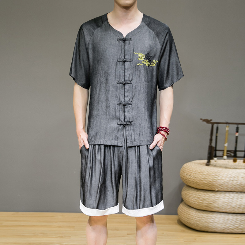 夏季新款男中国风天丝套装刺绣冰丝两件套短袖+短裤灰墙黑A19-P85，男装套装，电商B277(原6028)
