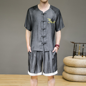 夏季新款男中国风天丝套装刺绣冰丝两件套短袖+短裤灰墙黑A19-P85,男装套装,电商B277(原6028)