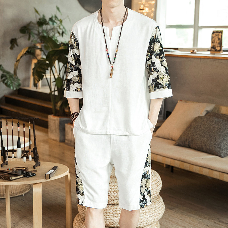 中国风男棉麻套装亚麻透气仙鹤两件套短袖+短裤A10-P85可分开销售，男装套装，电商B277(原6028)